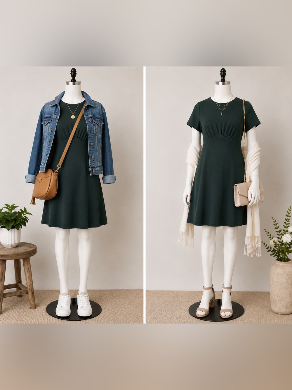 Short Sleeve Forest Green Mini Dress with Empire Waist